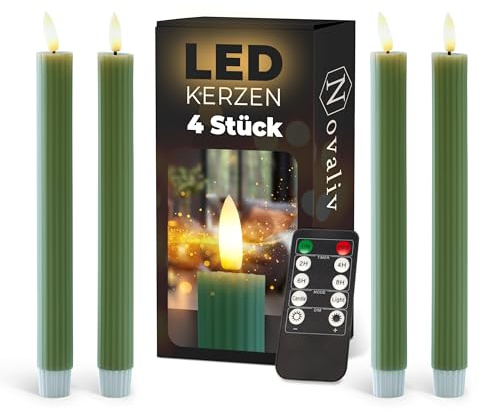 Stabkerzen LED mit Timer Grün 4 Stück Grün indoor - 6 Stunden - ECHTWACHS gerippt 23cm Höhe für Kerzen 2,2cm Durchmesser 2 AAA Batterien notwendig LED Stabkerzen flackernde Flamme bewegliche Flamme