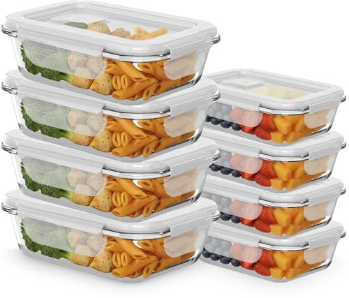 ZENO Glass Containers with Lids 8 Pack | Meal Prep Containers | Glass Food Container with Lid, Airtight Seal, Leakproof Lid | Dishwasher Safe | Freezer & Microwave Safe | 4 X 1050ml + 4 X 370ml