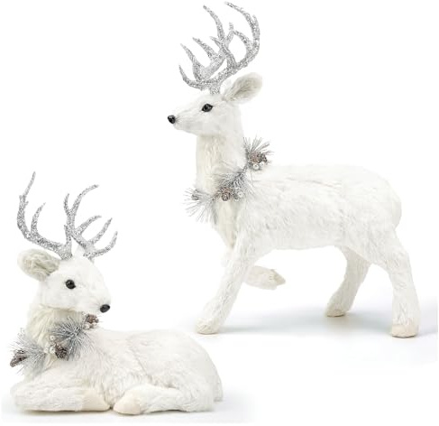 naturevibe 46/32.5cm Sisal Christmas Reindeer Set of 2,Realistic Woodland Animals Reindeer Figurine with Silver Accent for White Christmas Decorations,Centerpiece Table decorations or Fireplace Decor