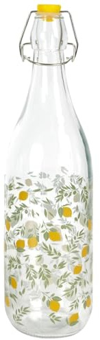 WDMT Glas-Bügelflasche 1 Liter – Wiederverwendbare Wasserflasche mit sommerlichem Zitronenmuster – Mit gelbem Bügelverschluss – Flasche für Wasser, Limonade, Saft – Sommerdesign – BPA-frei