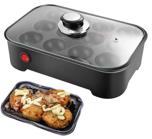 Maker - Padella elettrica multifunzione con 12 fori, controllo automatico della temperatura, coperchio, perfetta per colazione, uova fritte e polpette di polpo
