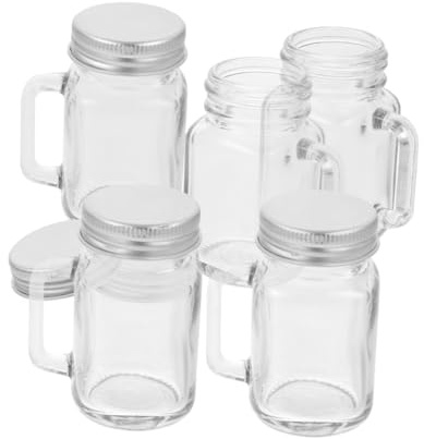 DECOMELODY Mini Mason Glass Jars with Handles and Lids 60ml Small Glass Storage Bottles for Beverages, Desserts, and Jam Kitchen Sealing Containers 6pcs Set for Travel and Snack Storage