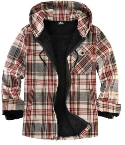geeksport Men's Fleece Flannel Jacket Full Zip Padded Lumberjack Warm Plaid Hoodies with Sherpa Lining Winter Coat for Outdoor & Casual Wear