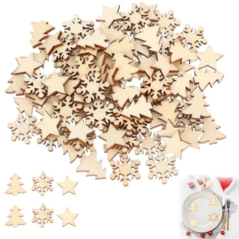LZPLJLWS Holzsterne Streudeko Weihnachten 200 Stück – Natur Holz Weihnachtsdeko in 3 Formen (Schneeflocke, Baum, Stern), 15x15mm – DIY Tischdeko für Weihnachtsfeier, Basteln, Karten