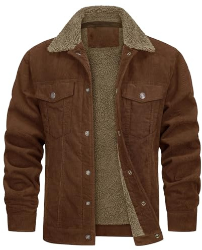 Chaqueta de camionero con forro de sherpa para hombre, abrigo invierno cálido, chaqueta pana polar con cuello vuelto, marrón, talla grande