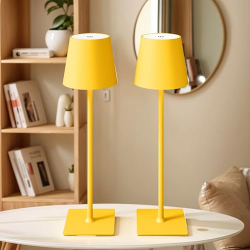 2 lampade da tavolo senza fili | Batteria da 5000 mAh, regolazione continua dell'intensità luminosa a 3 colori, LED ricaricabile per uso interno/esterno in uffici, bar e hotel (Giallo)