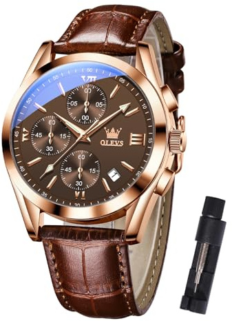 OLEVS Men's Chronograph Watch Quartz Brown Leather Strap Luxury Watch Waterproof Functional Dial with Date Diamond Business Watches for Men