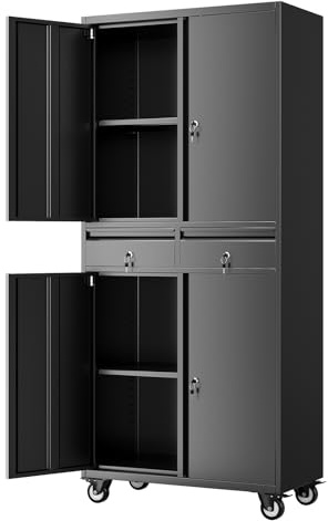 Garvee Armario metálico de Oficina 73'' con Ruedas - Puertas con Cerradura - 2 cajones y estantes Ajustables - Almacenamiento Seguro para Herramientas y Documentos, Ideal para Taller, Oficina o hogar