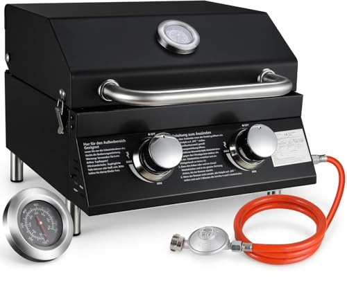 TLSUNNY 2 Brenner Gasgrill Klein, Tragbarer Camping Tischgasgrill Kompakt | BBQ Tischgrill gas mit Emaillierter Grillrost, Thermometer, für Balkon, Garten, 4.4kW, 42x33cm Grillfläche, 4PCS Füße,Schwarz