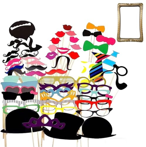59 x Foto Requisiten Fotobox Accessoires Set, Fotobox Requisiten mit Aufblasbarem Fotorahmen Schnurrbart Bärte Lippen Brille Hüte Krawatte photobooth Party Zubehör für Hochzeit Geburtstag Party Garten