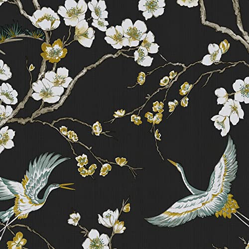 Graham & Brown Sublime Black Japan Floral and Fauna Tropical Wallpaper | Paste The Wall Application | Black Floral