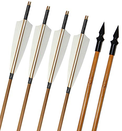 ZSHJG 6pcs Bogenschießen Bambuspfeile Für Bogen Traditional Bambus Pfeile Mit 5 Zoll Naturfedern Und Metall Pfeilspitzen Handmade für langbogen und Recurvebogen Bogenpfeile (Typ 3)