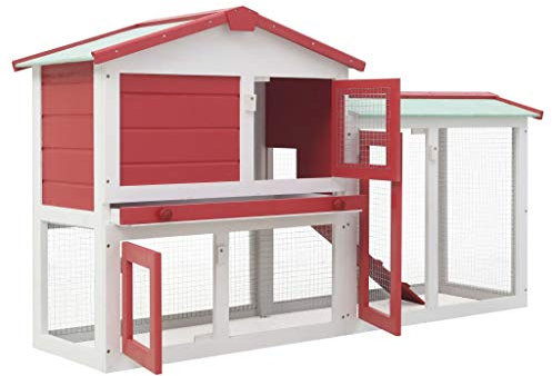 Tidyard Großer Kaninchenstall Kaninchenhaus Tannenholz Rahmen und Bitumendach Kaninchenkäfig für Kaninchen Meerschweinchen Klein Haustier Rot und Weiß 145 x 45 x 85 cm Holz