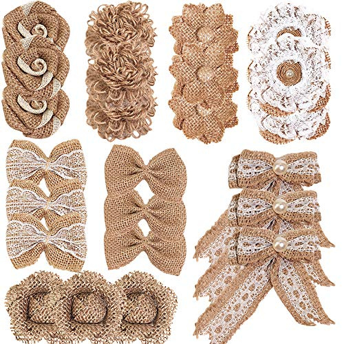 Blumen aus Jute, 24 Blumen und Schleifen, handgefertigt, Spitzenband aus Jute, rustikal, für DIY, Freizeit, kreative Weihnachten, Dekoration