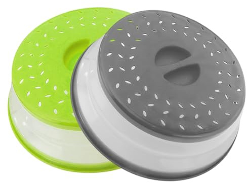 Hwtcjx 2 Pcs Microwave Cover, Plate Covers, Microwave Food Covers, Made of Plastic PP + TPR Material, Foldable, High Temperature Resistant, for Oil and Splash Proof, Drain, Fruit Tray (Green, Gray)