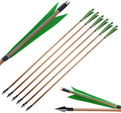 SHARROW 6/12 Stück Bogenschießen Bambuspfeile Traditionelle Jagdpfeile Bambus Pfeilschaft mit 5 Naturfedern Metall Pfeilspitzen Pfeile aus Bambus für Langbogen Recurvebogen (Typ 2:Grün, 6 Stück)