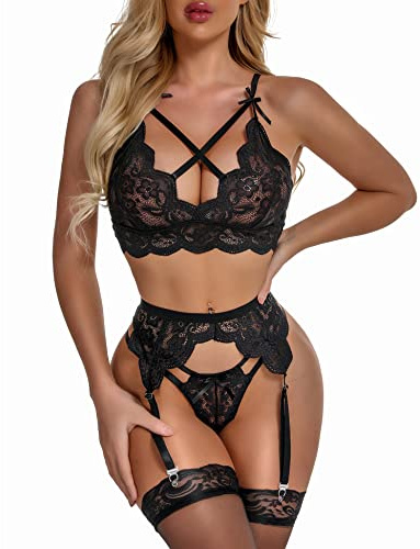 EVELIFE Women's Sexy Lingerie Set with Garter Belt Lace Bra and Panties Set High Waisted Suspenders Lingerie NO Stockings (Black,XXL)