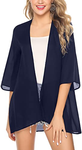 Irevial Sommer Cardigan Chiffon Kimono 3/4 Arm Leichte Strickjacke Damen Beachwear Bikini Cover Up für Strand Beach, Einfarbig-Navy Blau, XL