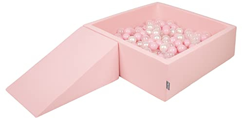KiddyMoon Area di Gioco in Schiuma con Quadrato Piscina di Palline (100 Palline) per Bambini, Rosa:Rosa Chiaro/Perla/Trasparente