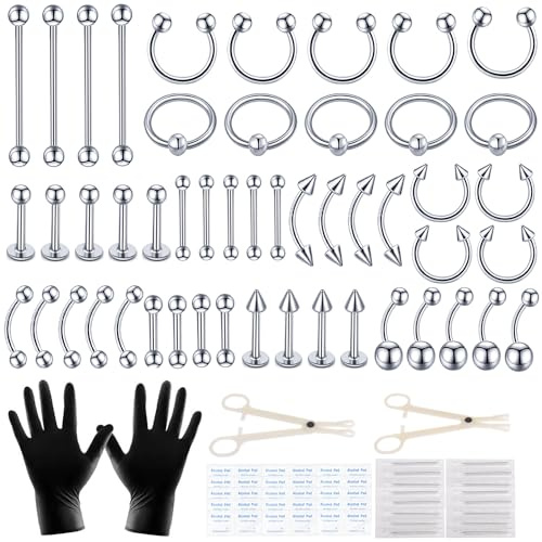 LOYAL BOOK 104pcs Piercing Kit 14G16G Kit Piercing Kits for all piercings (Stainless steel color)