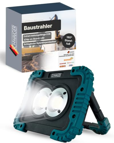 SCHWAIGER LED Arbeitsleuchte 800 Im I Baustrahler batteriebetrieben | LED-Strahler mit 2x 10W COB-LEDs einzeln schaltbar I Schlagfest mit TPR-Schutz & 180° Standfuß I IPX4 spritzwassergeschützt