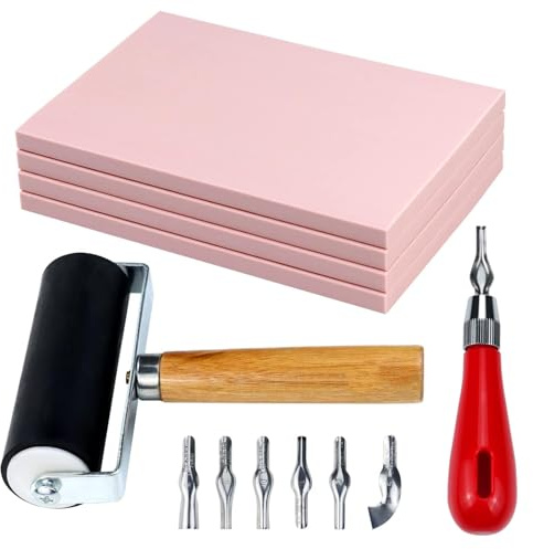 Oopsu 3-pack gummiblock stämpel snideri block med skärverktyg och gummi brayer rulle för tryckning och mer hantverk