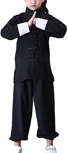 Kung-Fu-Anzug für Unisex-Kinder, langärmelig, schwarz, Kampfsport, Taichi, traditionelle Performance-Uniform, Weiße Bündchen, 13-14 Jahre