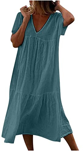 Robe en Coton Blanche Col en V Été Grande Taille Rétro Maxi Lâche Couleur Unie Bohème Mi-Longue pour Fêter Vacances à la Plage