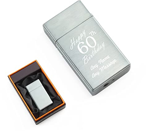 Personalised Engraved Silver Torch Gas Jet Lighter, Comes with Presentation Box, Happy 60th Birthday Design, Gift for Him, Father, Birthday Gift, Engraved in The UK