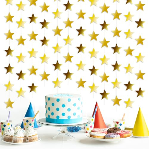 YUQILIN 158 Feet 12 PCS Glitter Gold Star Garland Banner Decoration, Reflective Sparkle Little Star Paper Hanging Decor Double Side Star Streamer Bunting for Party Wedding Christmas Birthday Festival