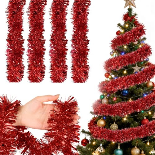 4X Lametta Girlande Rot – 8m Glitzer Set (4 x 2m) Weich & Stabil. Funkelnde Weihnachtsbaum Girlan-de für Tannenbaum, Treppe & Tür. Christbaum Girlan-de Deko, Flexibel & Wiederverwendbar