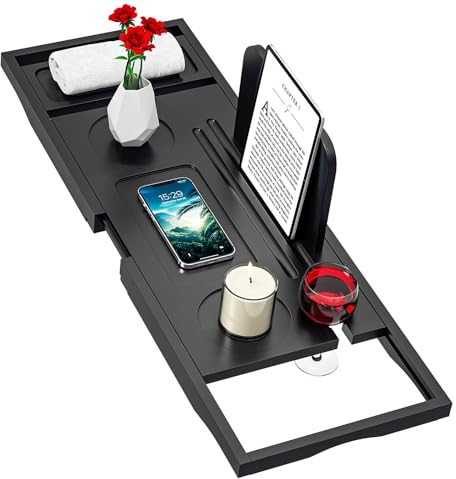 Premium Bath Tray Caddy Black - Bath Trays for Across The Bath - Bamboo Bathtub Tray - Expandable Size, Fits Most Bath Tubs
