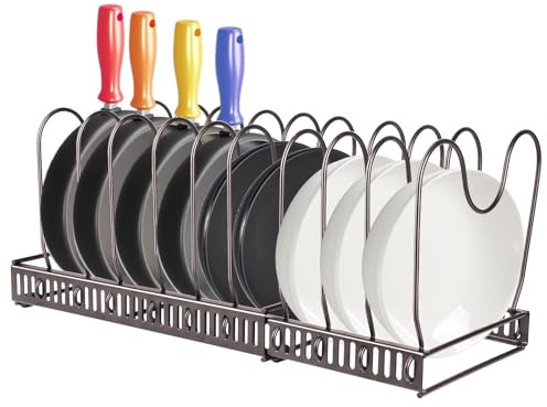 XUANYU Rangement Casserole Réglables, Porte Couvercle de Pot, Porte-casseroles Tiroir avec 10 Compartiments, Organiseur de Poêle sous Évier, Rangement pour Poêles, Casseroles et Couvercle (Bronze)