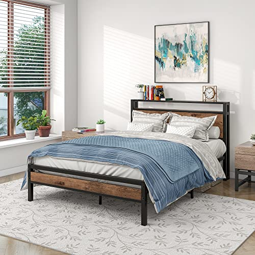BORPHOM Double Bed Frames with Wood Storage Shelf Headboard,Metal Platform Bed Frame Double Bed No Box Spring Needed,Heavy Duty Steel Slat Support,Easy Assembly,Noise Free,Brown