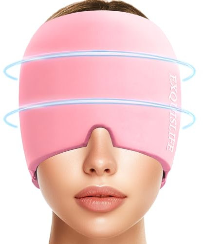 EXQUISLIFE Cuffia per alleviare l'emicrania, fascia in gel per la testa del ghiaccio, terapia del caldo e del freddo, maschera per occhi sinusali, occhi gonfi, tensione e sollievo dallo stress (rosa)