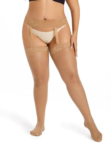 Rixiland Plus Size Thigh High Stockings for Women Sheer Suspender Pantyhose High Waist Garter Tights(Beige)
