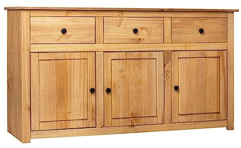 Hommdiy Massivholz-Sideboard aus Panama-Kiefer mit 3 Schubladen und 3 Türen Kommode Sideboard Braun 135 x 40 x 80