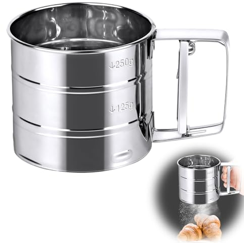 VFANDV Tamizador De Harina, 250 Gramos Tamiz de Acero Inoxidable de Mano, Filtro de Operación con Una Mano Fina de Acero Inoxidable con Escala