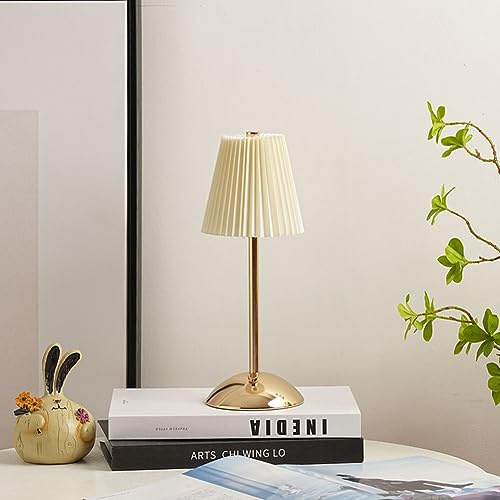 RuiDay Kabellose Tischlampe, wiederaufladbar, Touch-Nachttischlampe, minimalistisch, plissiert, Metall-LED-Schreibtischlampe, 3 Farben, stufenloses Dimmen, tragbares Nachtlicht für Schlafzimmer,