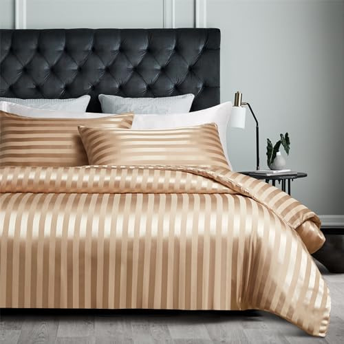 YASMENG - Funda de edredón de satén (140 x 200 cm), color beige y dorado a rayas brillante, juego de cama de satén suave, seda suave, ropa de cama para adultos con cremallera y funda de almohada de 65