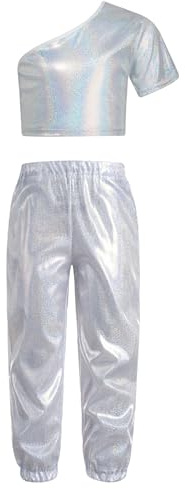 Miaeowve Hip Hop Outfit Mädchen Tanzen Kinder Metallic Glitzer Tshirt Ein Schulter Oberteil Kurz Tanz Top High Waist Tanzhose Locker Leggings Tanzkleidung Set Silber 134-140