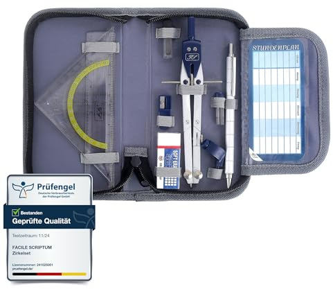 Facile Scriptum Set di 13 geometrie di alta qualità (blu) – Compasso con regolazione rapida, matita con mina fine in metallo, triangolo, gomma e molto altro ancora – Set matematico con custodia