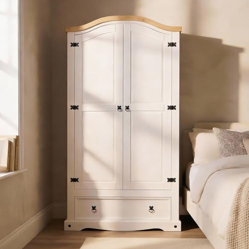 IDIMEX Kleiderschrank Campo mit Türen & Schublade weiß/Natur lackiert - Schrank gefertigt aus Kiefer Massivholz mit 1 Kleiderstange & 2 Einlegeböden.