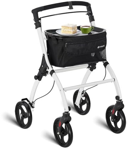 Juskys Aluminium Wohnungsrollator Aktiv mit Transporttasche & Tablett - Indoor Rollator schmal, leicht & faltbar - Gehhilfe für Senioren - Weiß