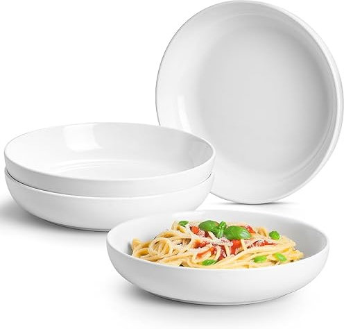 Jassceram 9.84'' Ceramic Pasta Bowls Set of 4, 46oz Large Porcelain Salad Bowl Serving for Cereal Soup Steak Noodle Wide Kitchen Dinnerware Plates - Microwave Oven Dishwasher Safe, 25cm, Off White