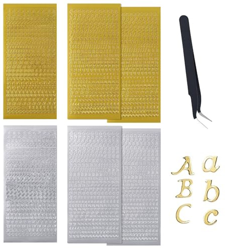 6 Blatt Buchstabenaufkleber, selbstklebende Aufkleber mit Edelstahlpinzette, Heißprägeetiketten Aufkleber Gold Silber Schwarz Mini Buchstabe A-Z Aufkleber für Scrapbooking DIY (Gold, Silber)