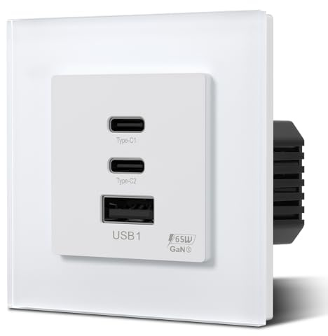BSEED Steckdose GaN PD 65W aus Glas, Unterputz Schnellladesteckdose mit 2 Type C Port und 1 USB A, Geeignet für Mobiltelefone und Laptops, 86mm Weiß