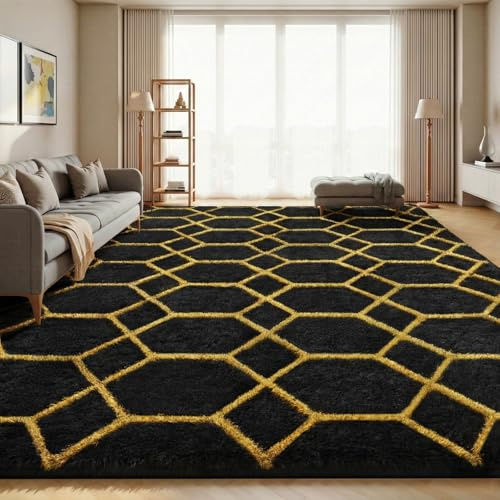 Sour Lemon Hochflor Teppich Schwarz Carpet Wohnzimmer 120x160 Waschbar | Anti-Rutsch Extra Große Teppiche Schlafzimmer Flauschige Moderne Teppiche Matte Teppichen für Schlafzimmer Kinderzimmer