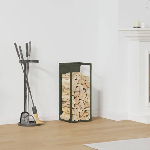 BOWEKAM Accesorios para chimenea y estufa de leña: estantes y soportes para leña, color verde oliva, 25 x 25 x 60 cm, acero laminado en frío