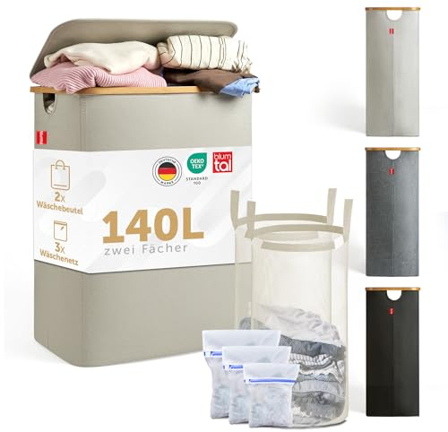 Blumtal Wäschesammler 140 L - Wäschekorb 2 Fächer mit herausnehmbarem Wäschesäcken - Pfandflaschen Aufbewahrung - laundry basket - Beige